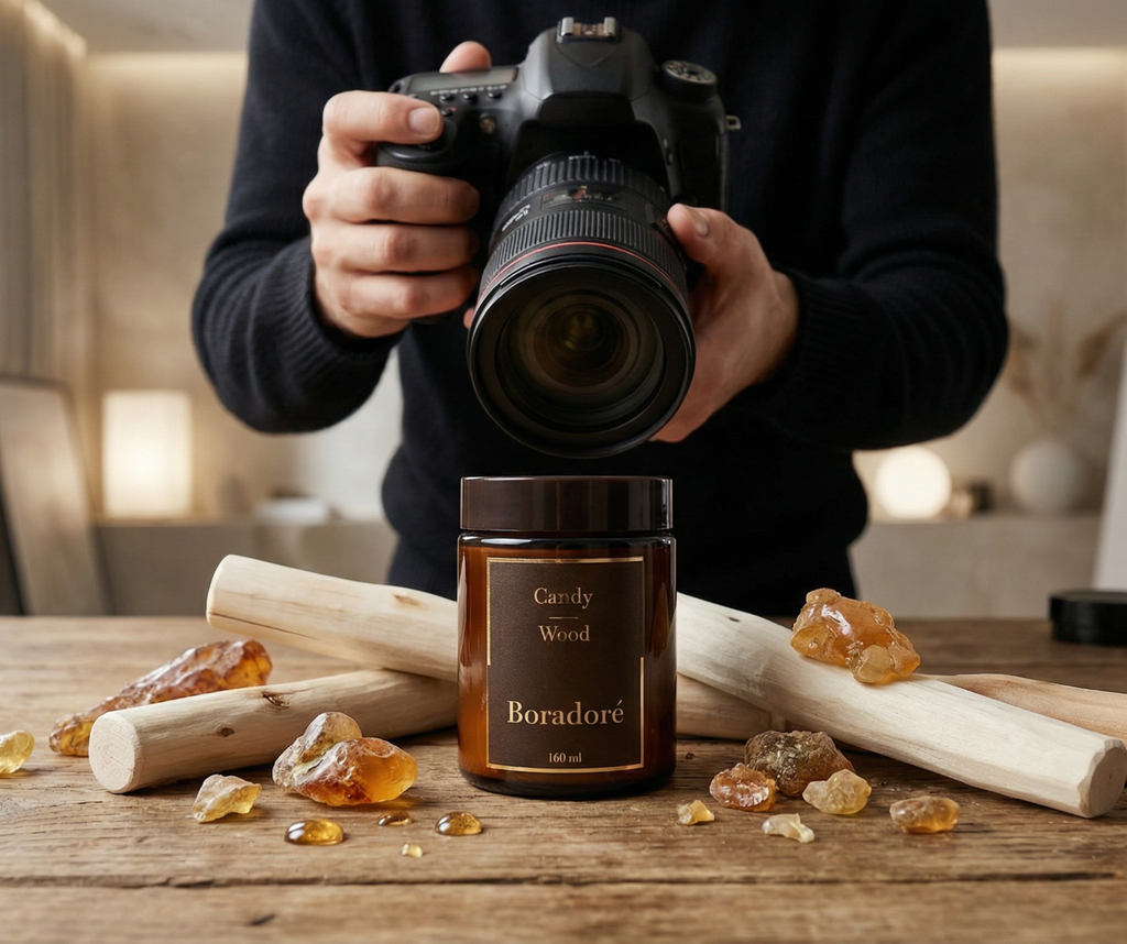 Boradoré Candy Wood scented candle being photographed during a product photoshoot on a wooden surface
