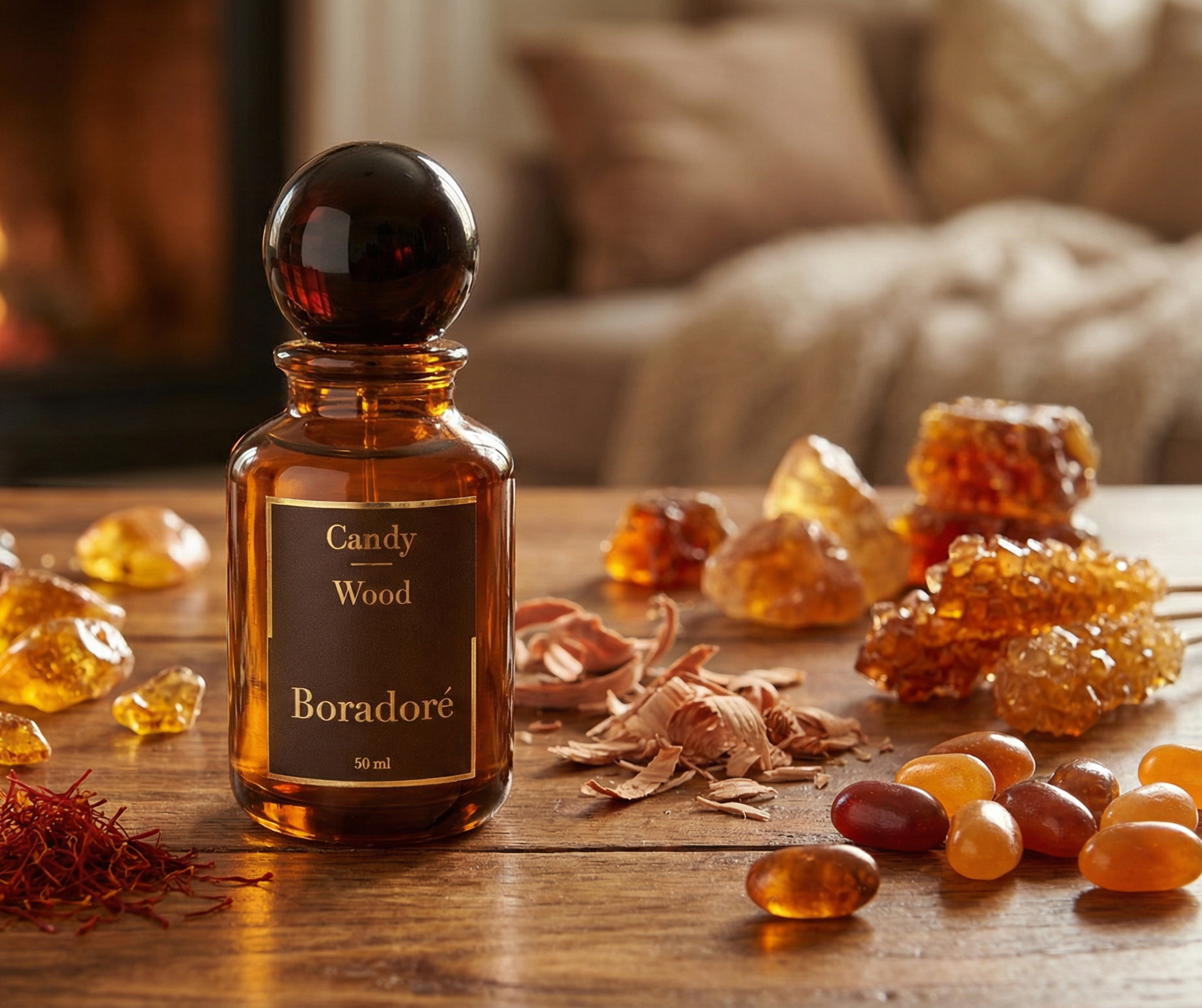 Boradoré Candy Wood interior perfume with amber stones and dried wood notes on a warm wooden surface