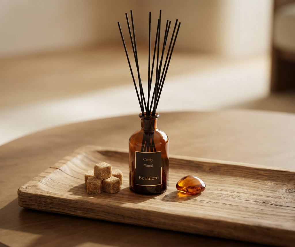 Boradoré Candy Wood reed diffuser styled on a wooden tray with warm light background
