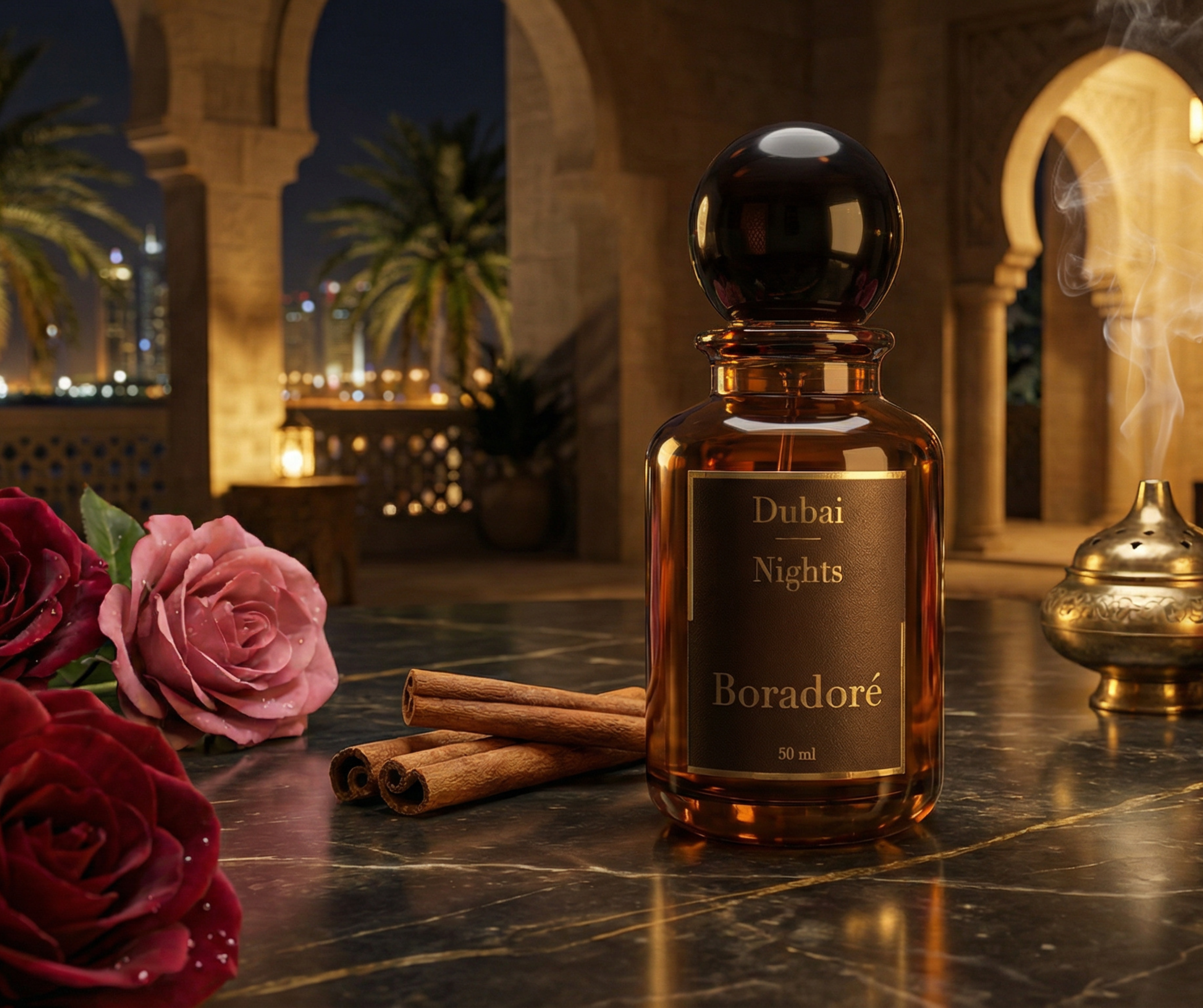 Boradoré Dubai Nights interior perfume with roses and cinnamon sticks in a warm, atmospheric setting