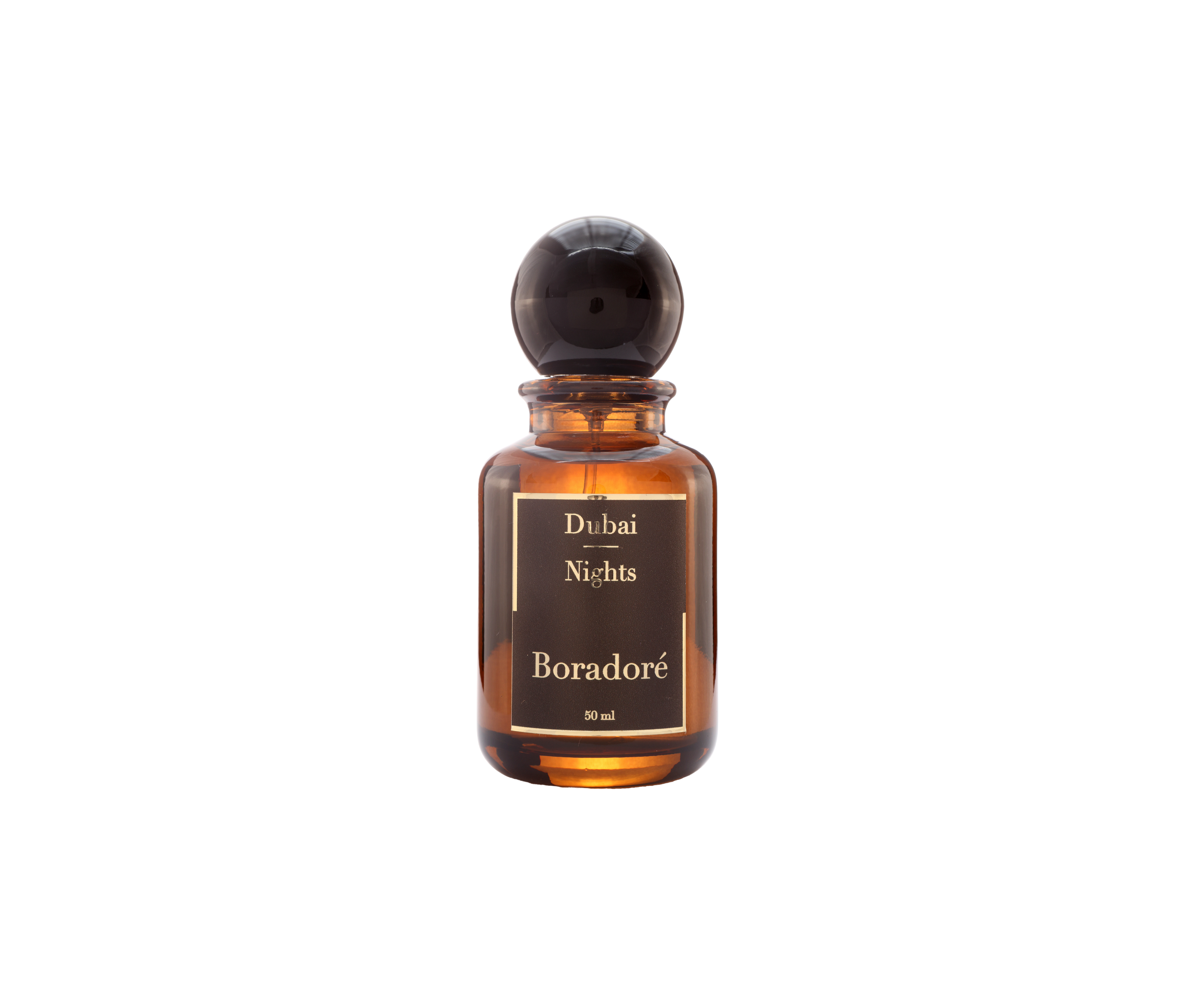 Boradoré Dubai Nights interior perfume in amber glass bottle on white background