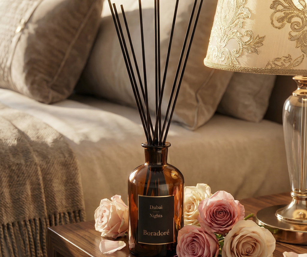 Boradoré Dubai Nights reed diffuser styled with rose flowers on a wooden table in a cozy living room
