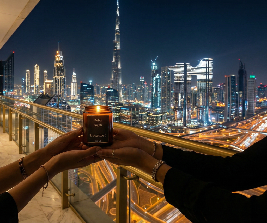 Boradoré Dubai Nights scented candle held against the Dubai city skyline at night
