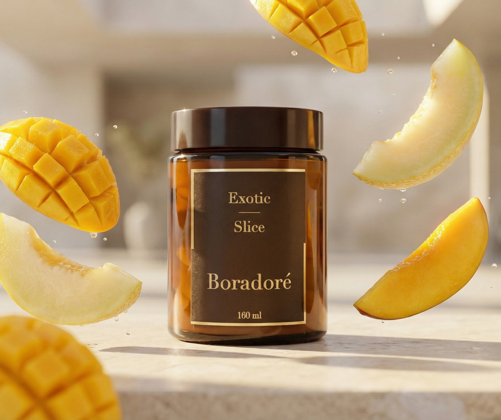 Boradoré Exotic Slice scented candle surrounded by mango and melon slices in a bright, fresh setting
