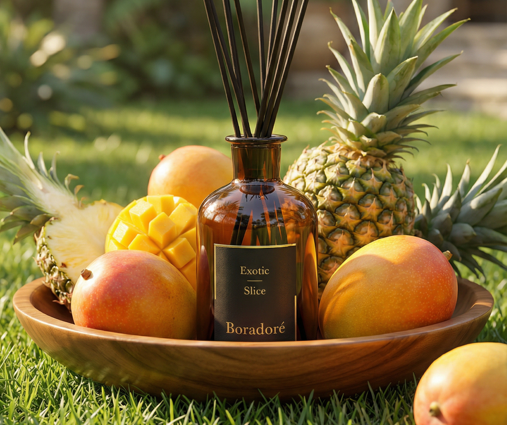 Boradoré Exotic Slice reed diffuser surrounded by pineapple and mangoes in a tropical outdoor setting