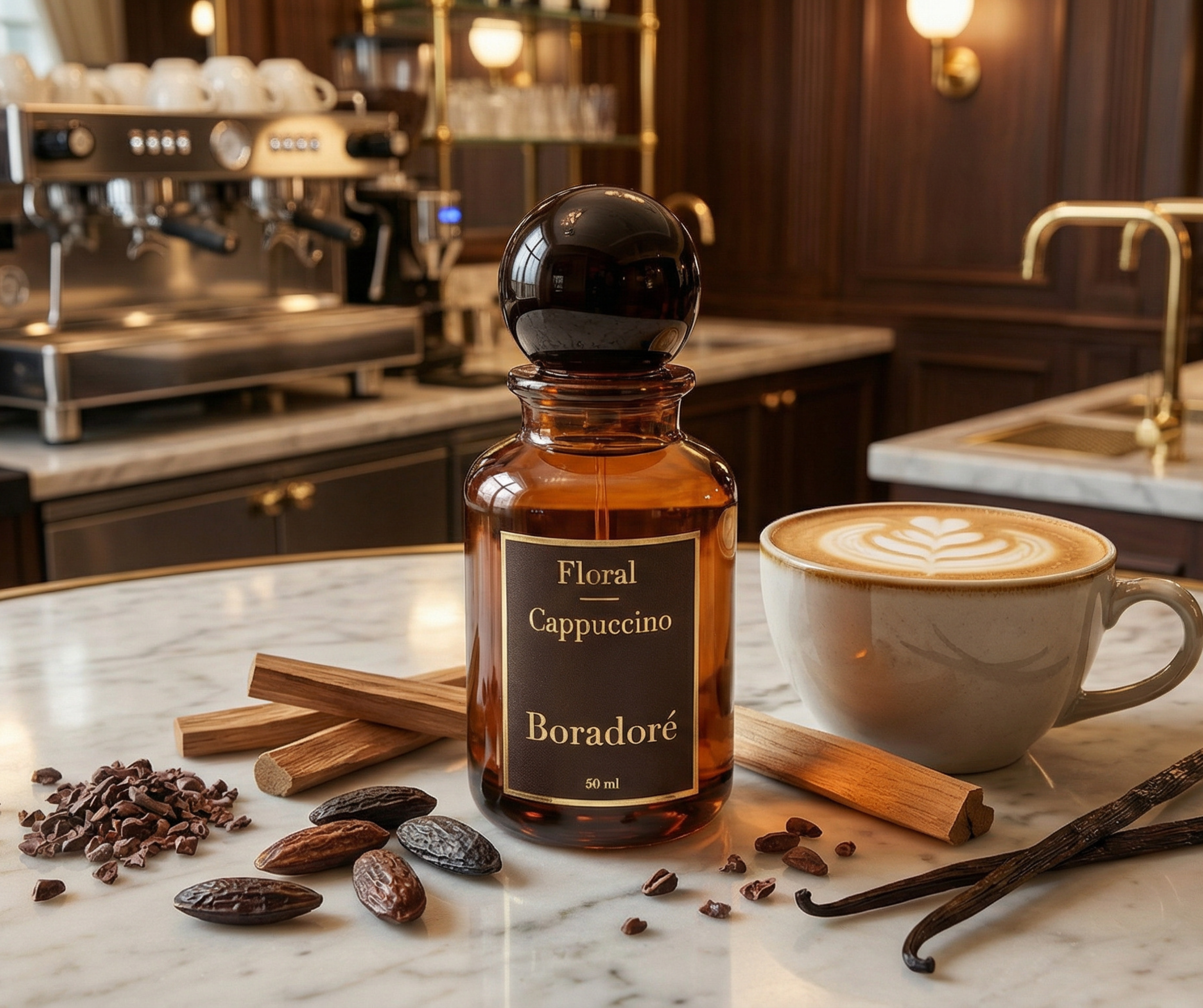 Boradoré Floral Cappuccino interior perfume with coffee cup, beans and spices in a warm café-inspired setting