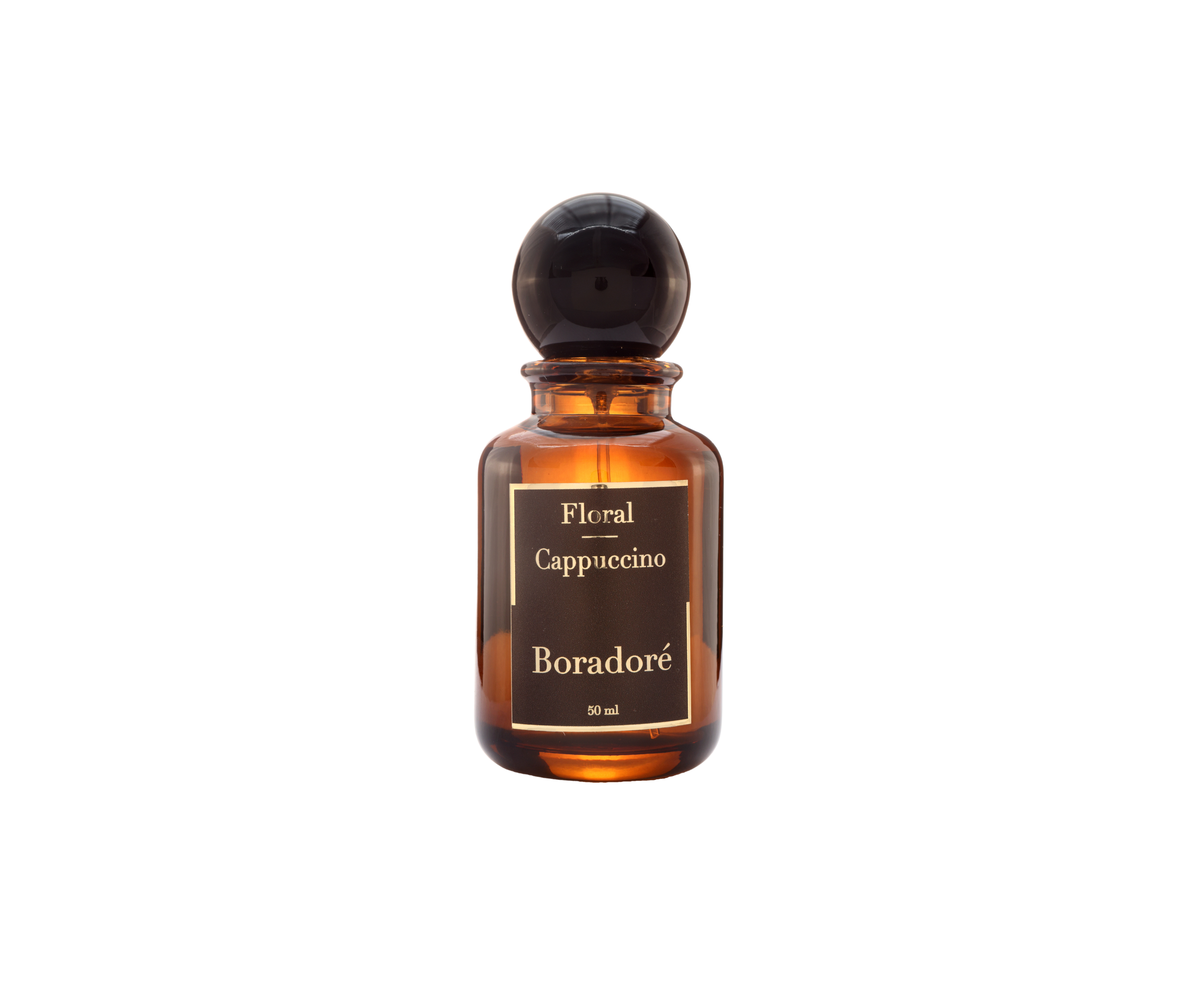 Boradoré Floral Cappuccino interior perfume in amber glass bottle on white background