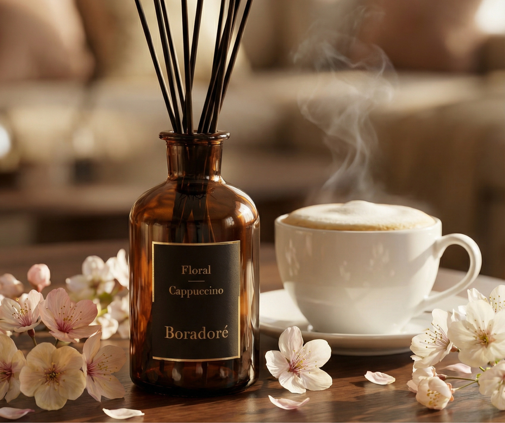 Boradoré Floral Cappuccino reed diffuser with a steaming cup of coffee and fresh flowers on a wooden table
