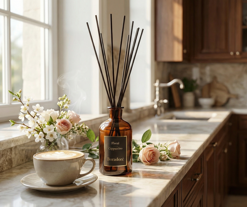 Boradoré Floral Cappuccino reed diffuser on a kitchen countertop with coffee cup and fresh flowers
