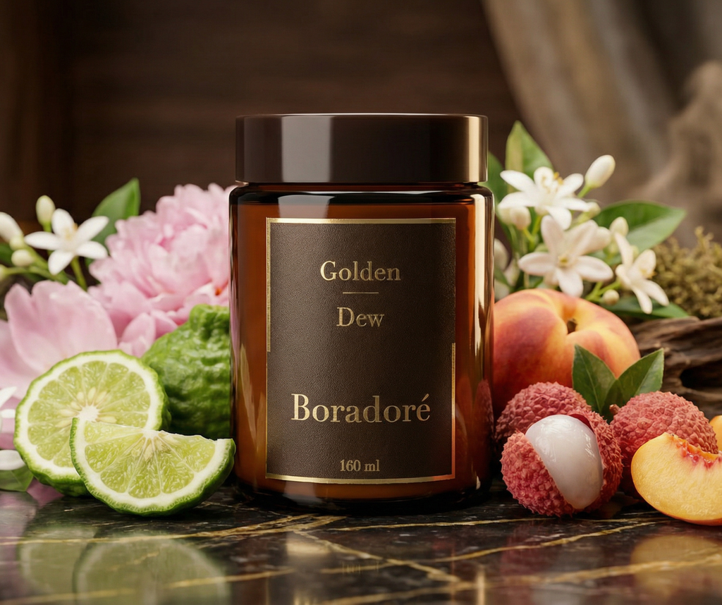 Boradoré Golden Dew candle with flowers displayed on a marble surface in a warm interior setting
