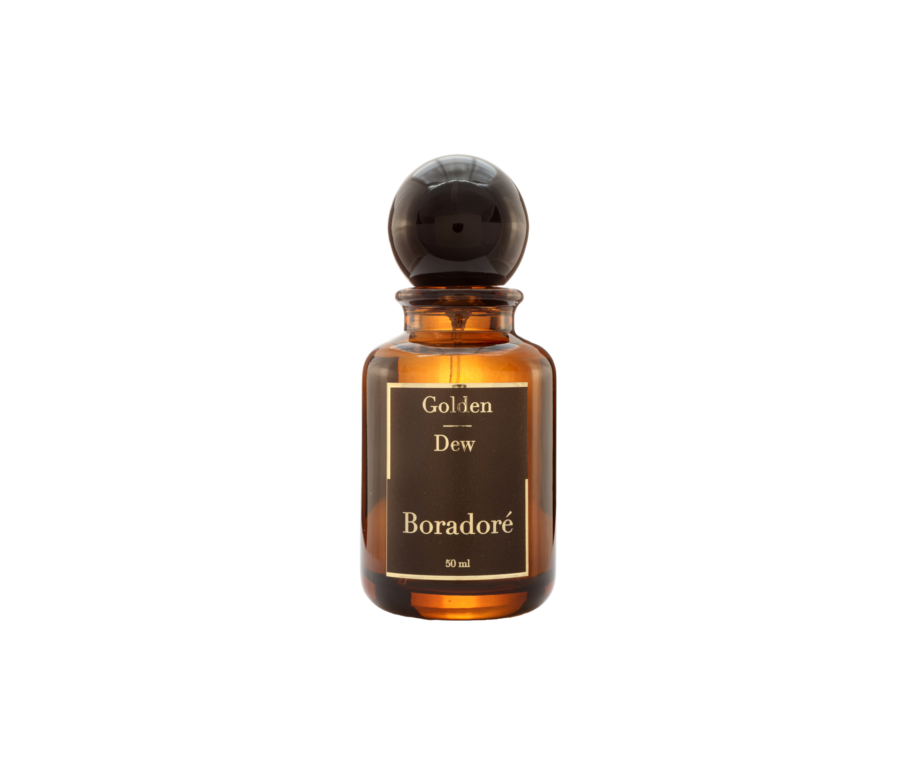 Boradore Golden Dew home fragrance in amber glass bottle on white background