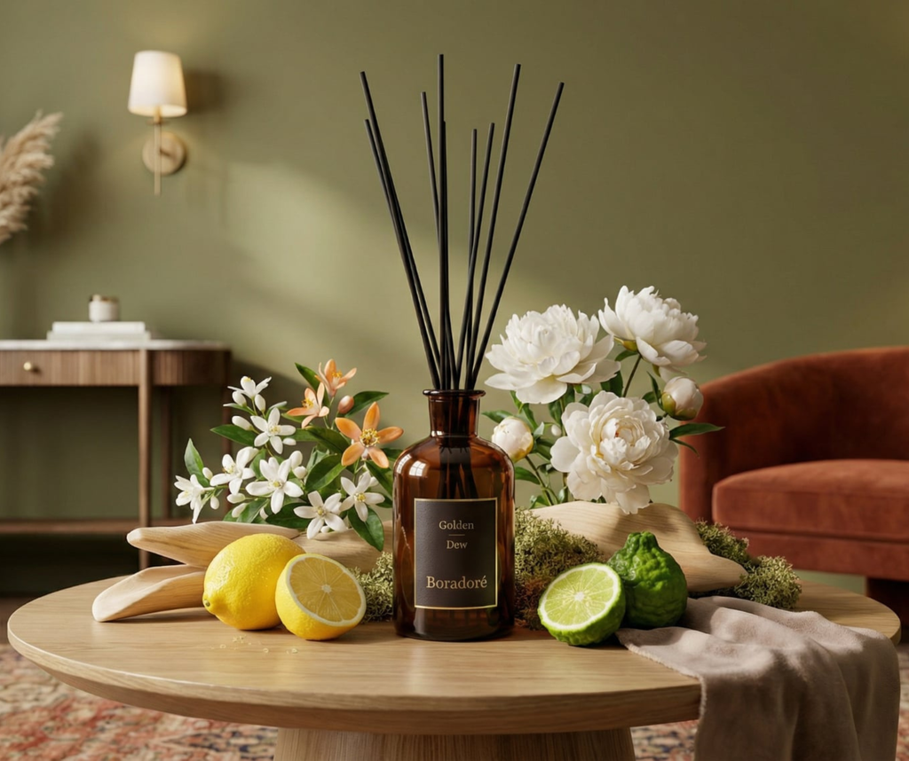 Boradoré Golden Dew reed diffuser styled with citrus fruits and white flowers in a modern interior
