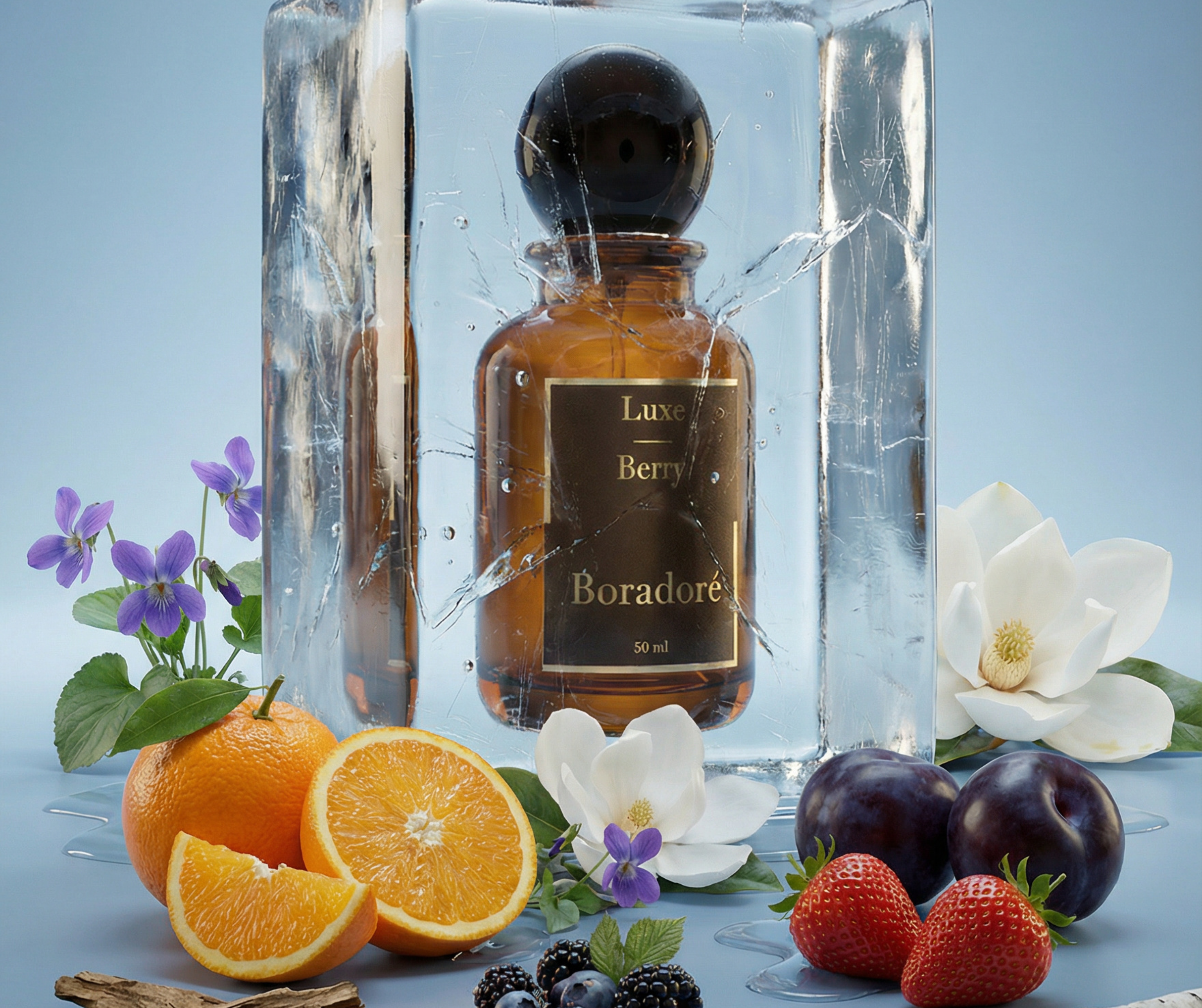 Boradoré Luxe Berry interior perfume surrounded by fruits and flowers in a fresh, vibrant composition
