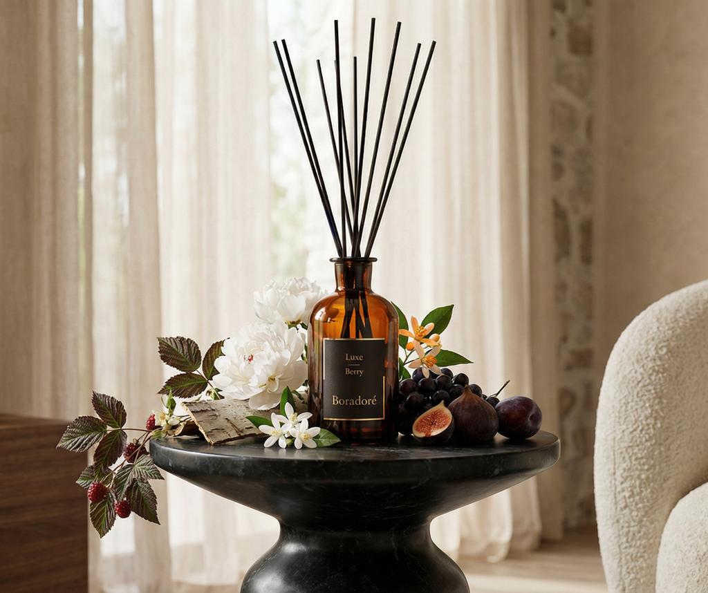 Boradoré Luxe Berry reed diffuser styled with fruits and flowers in an elegant interior setting
