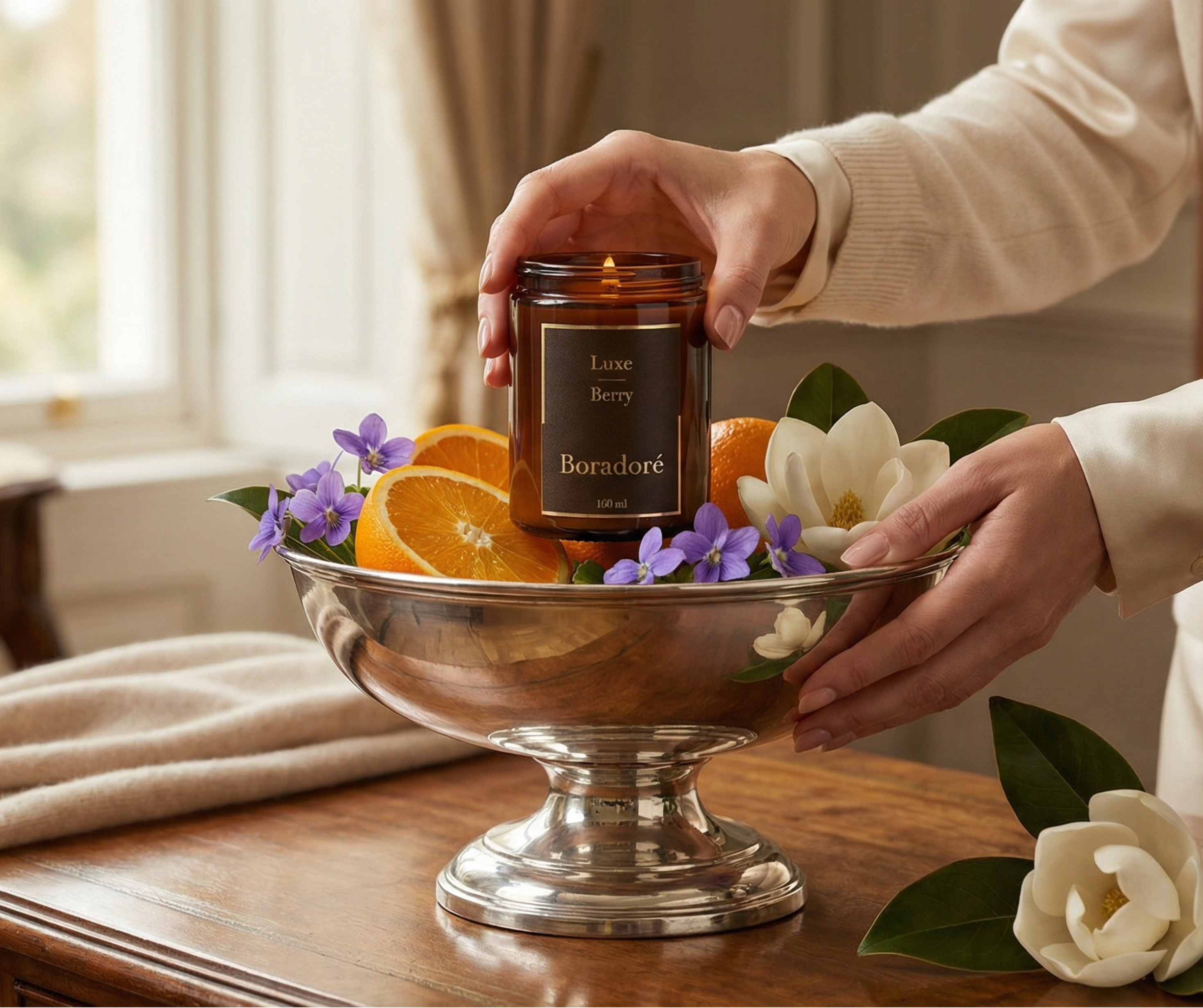 Boradoré Luxe Berry scented candle displayed with fruits and flowers in a warm lifestyle setting
