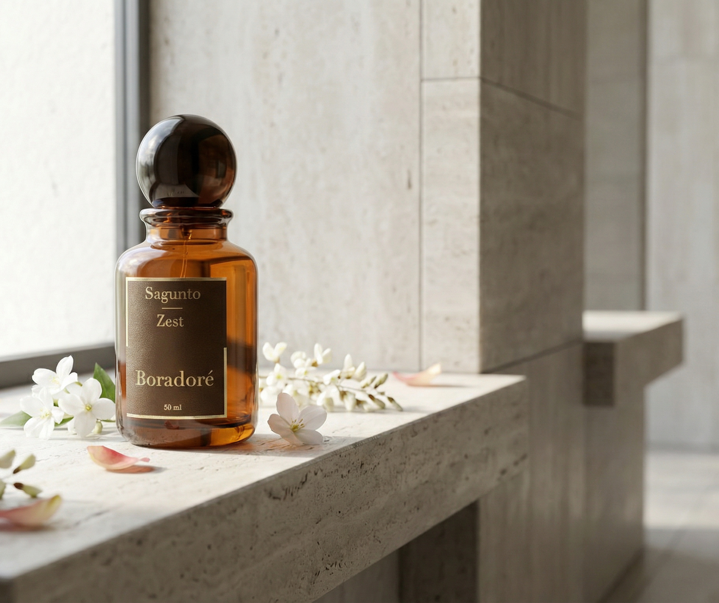 Boradoré Sagunto Zest interior perfume displayed on a stone surface with delicate white flowers