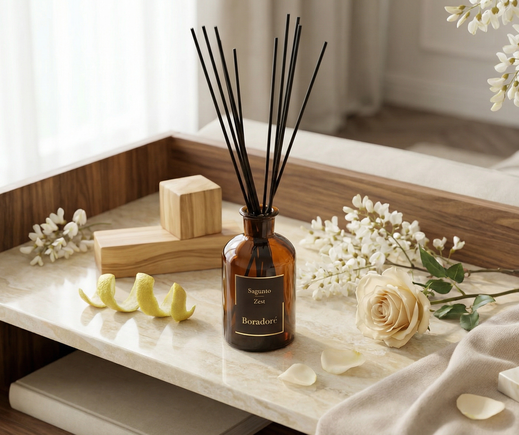 Boradoré Sagunto Zest reed diffuser styled on a wooden surface with flowers in a modern interior
