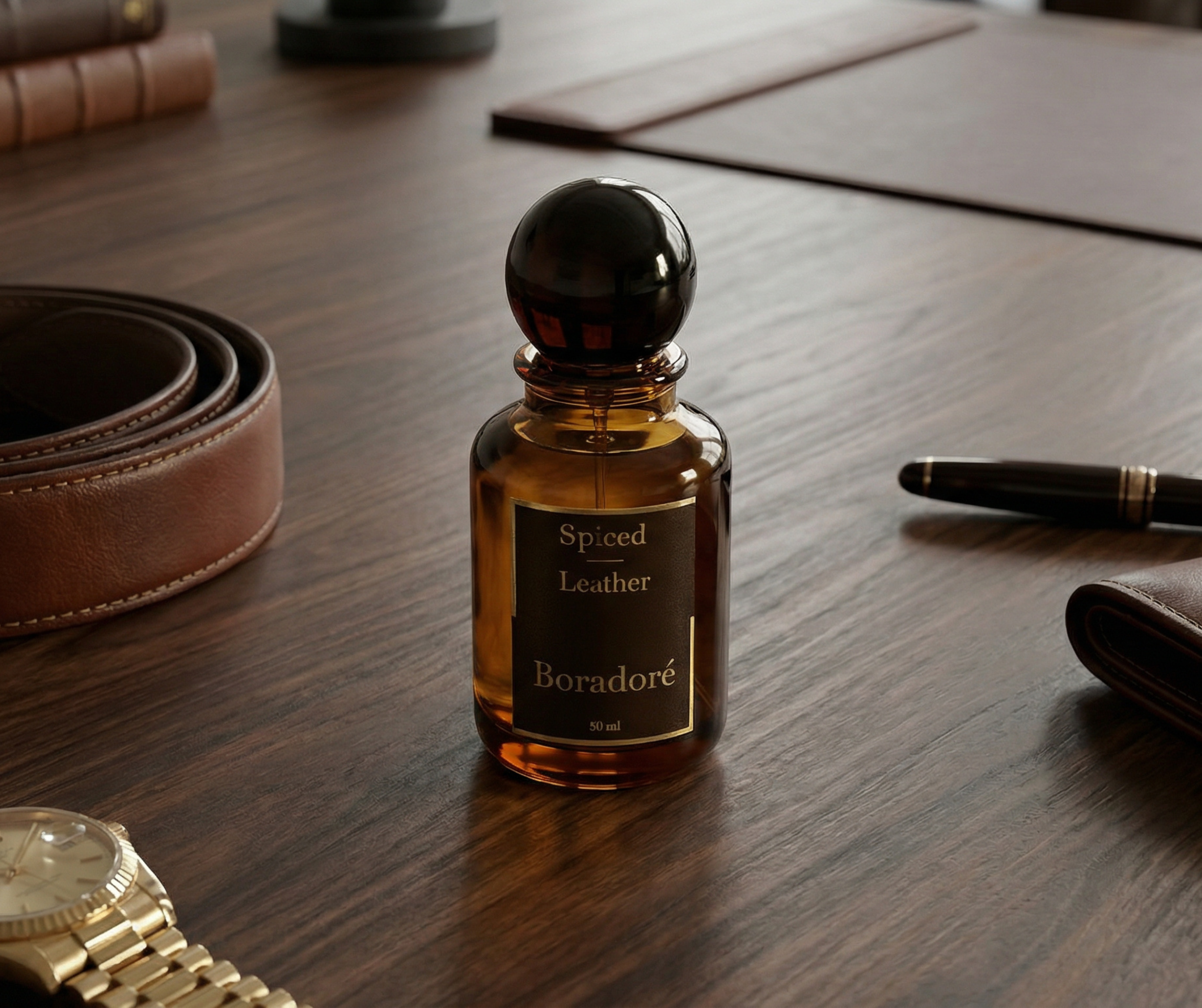 Boradoré Spiced Leather perfume bottle on a wooden table with leather accessoriess
