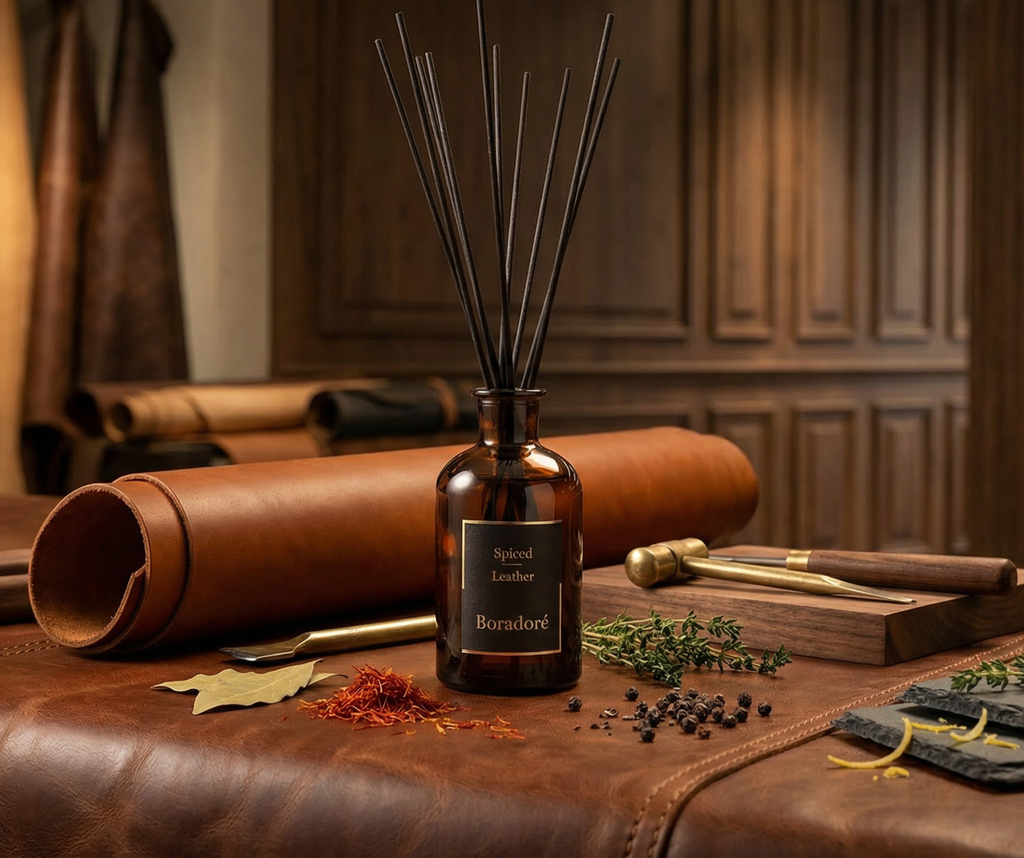 Boradoré Spiced Leather reed diffuser on a wooden surface with leather and spices
