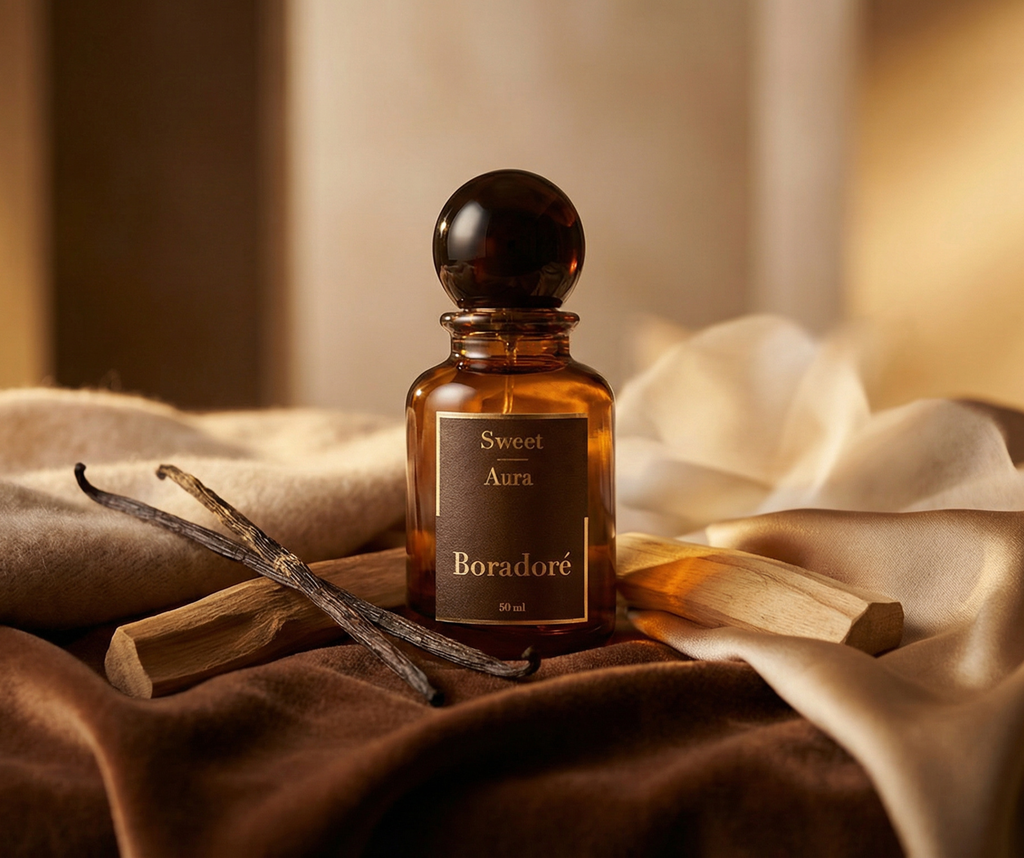 Boradoré Sweet Aura interior perfume with vanilla beans and warm wooden accents in a soft, cozy setting
