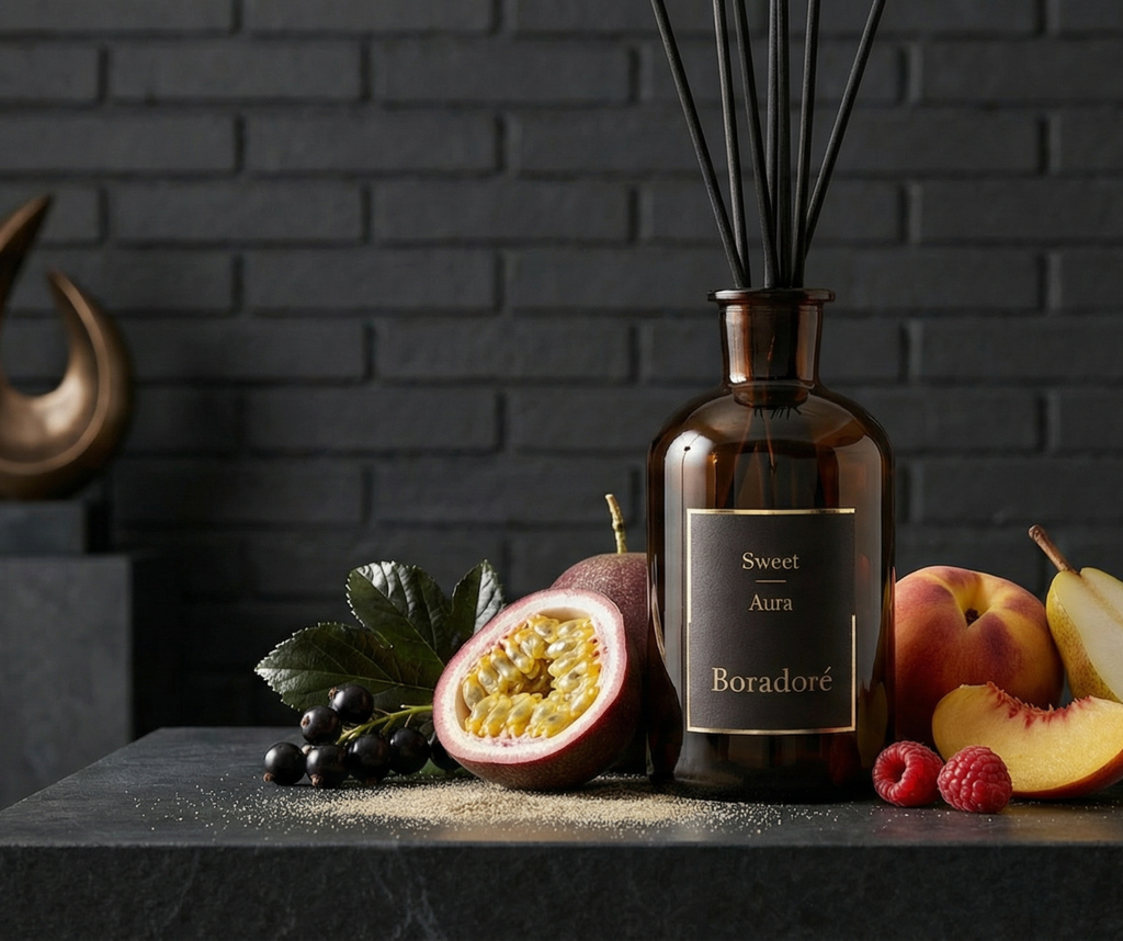 Boradoré Sweet Aura reed diffuser styled with fresh fruits on a dark surface