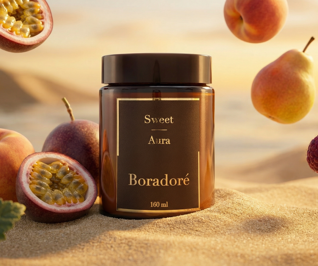 Boradoré Sweet Aura scented candle surrounded by fruits on a warm sandy background
