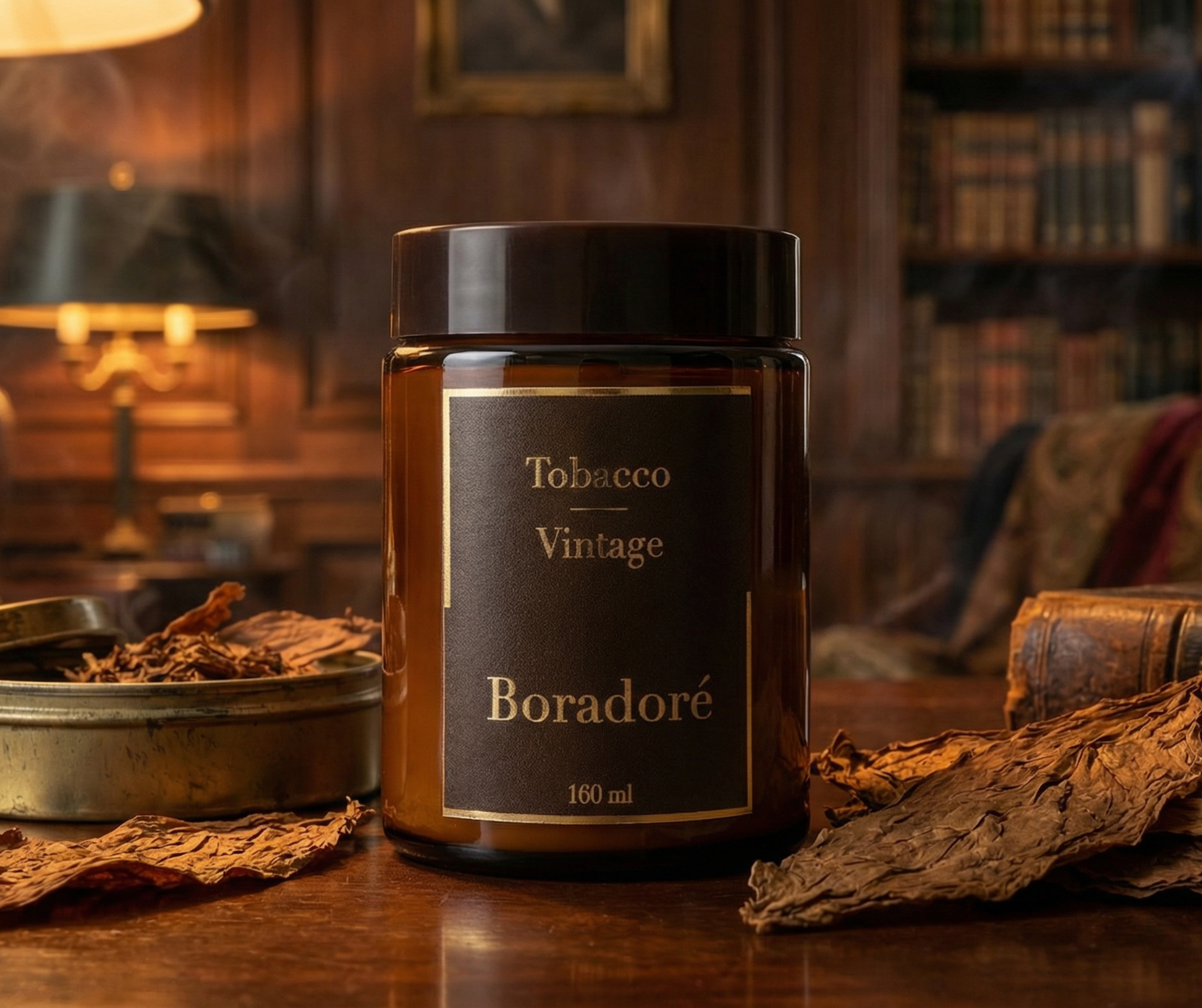 Boradoré Tobacco Vintage scented candle displayed in a warm vintage interior with tobacco leaves
