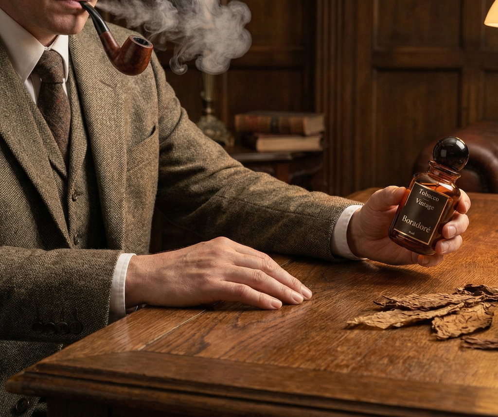Boradoré Tobacco Vintage interior perfume in a warm, classic interior setting