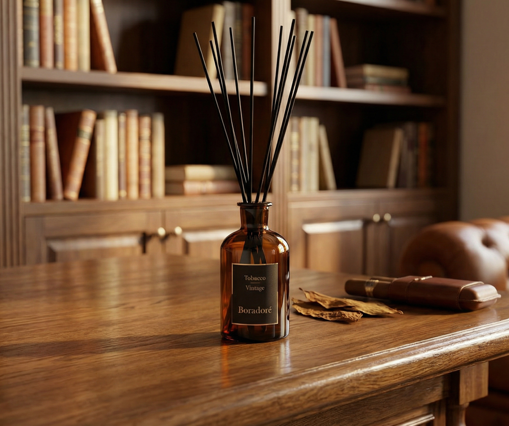 Boradoré Tobacco Vintage reed diffuser styled on a wooden desk with bookshelves in the background
